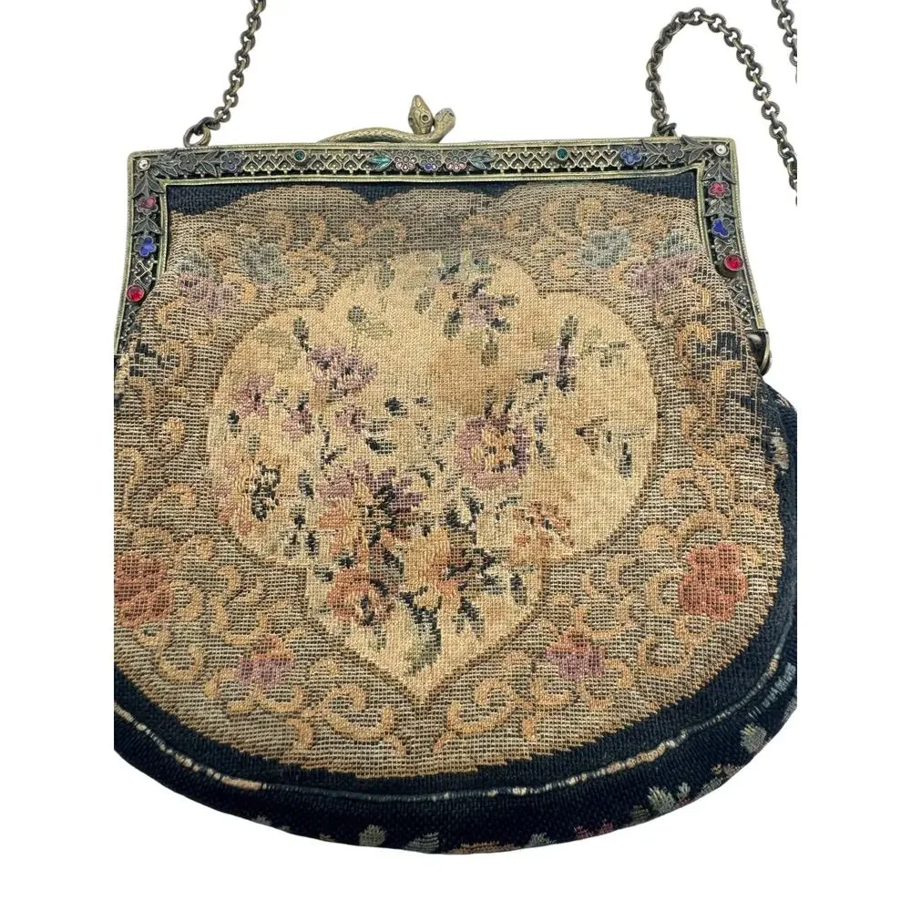 Antique 1920s Jeweled Enamel Frame Tapestry Evening Purse with Snake Clasp